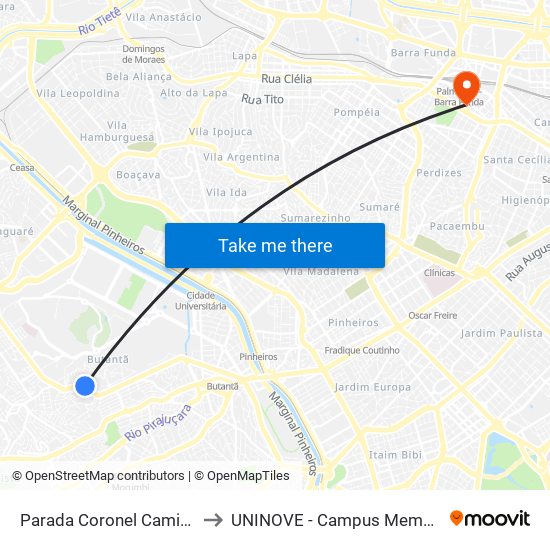 Parada Coronel Camisão to UNINOVE - Campus Memorial map