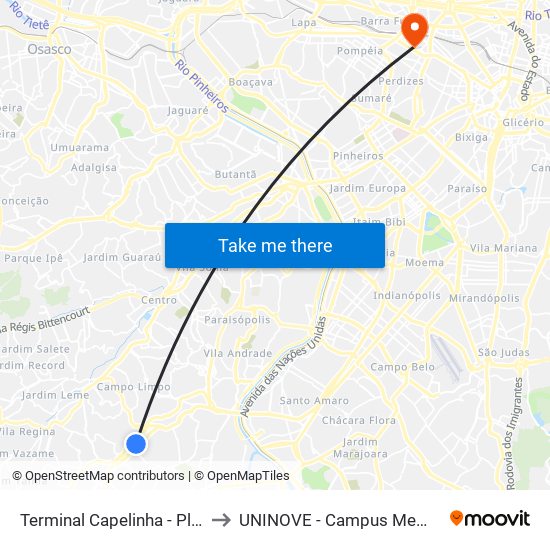 Terminal Capelinha - Plat. 1 to UNINOVE - Campus Memorial map