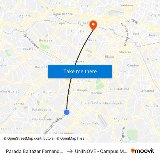 Parada Baltazar Fernandes (C/B) to UNINOVE - Campus Memorial map