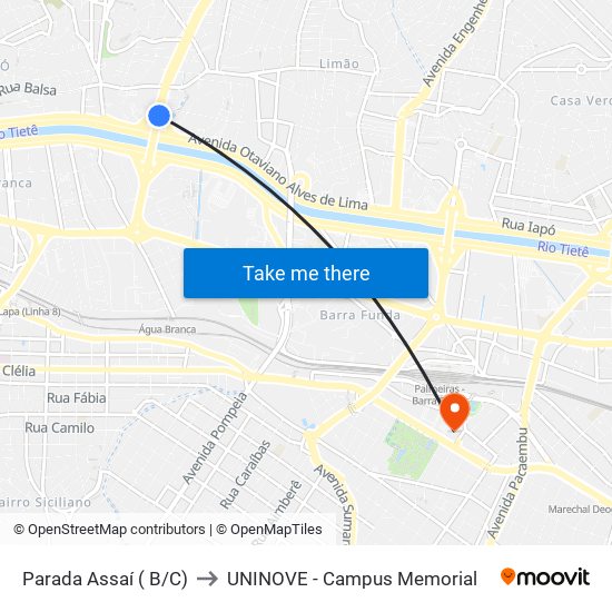 Parada Assaí ( B/C) to UNINOVE - Campus Memorial map