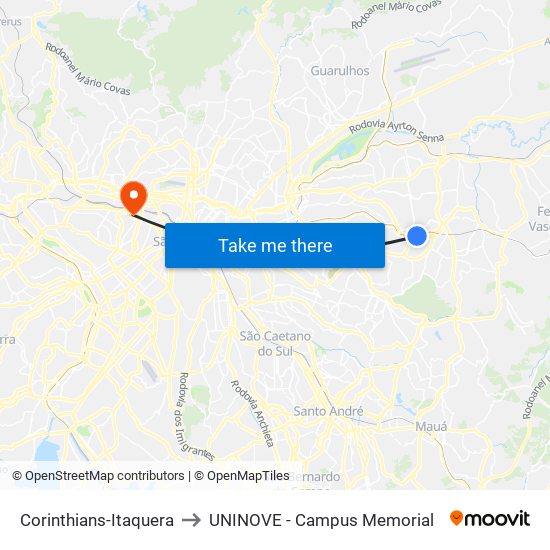 Corinthians-Itaquera to UNINOVE - Campus Memorial map