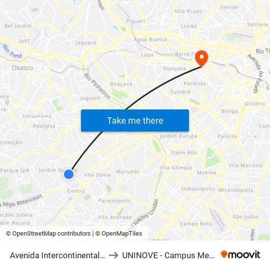 Avenida Intercontinental 1406 to UNINOVE - Campus Memorial map