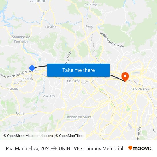 Rua Maria Eliza, 202 to UNINOVE - Campus Memorial map
