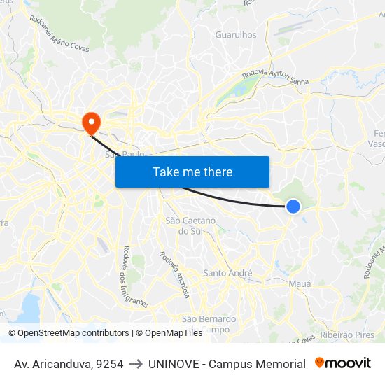 Av. Aricanduva, 9254 to UNINOVE - Campus Memorial map