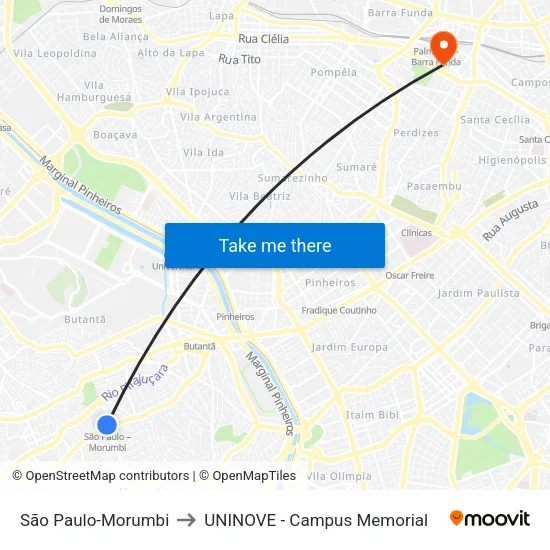 São Paulo-Morumbi to UNINOVE - Campus Memorial map
