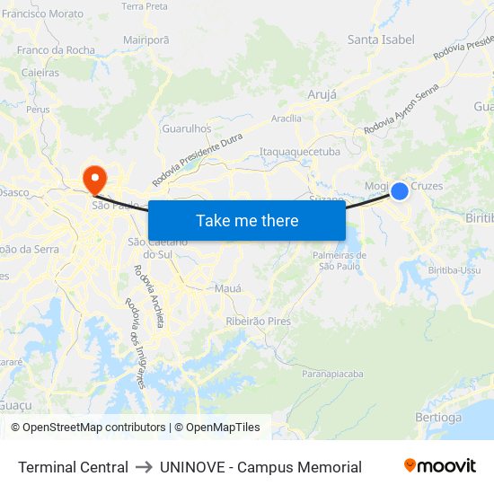 Terminal Central to UNINOVE - Campus Memorial map