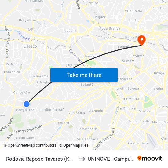Rodovia Raposo Tavares (Km 19/São Paulo) to UNINOVE - Campus Memorial map