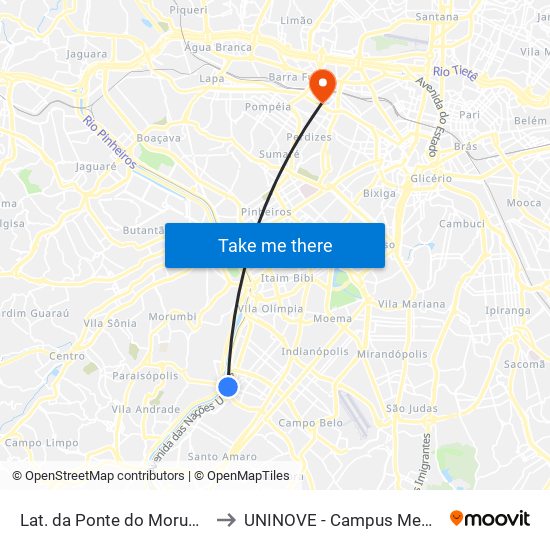 Lat. da Ponte do Morumbi, 0 to UNINOVE - Campus Memorial map