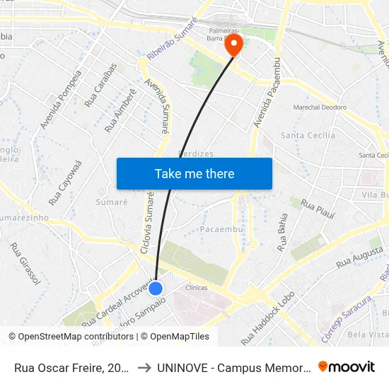 Rua Oscar Freire, 2041 to UNINOVE - Campus Memorial map