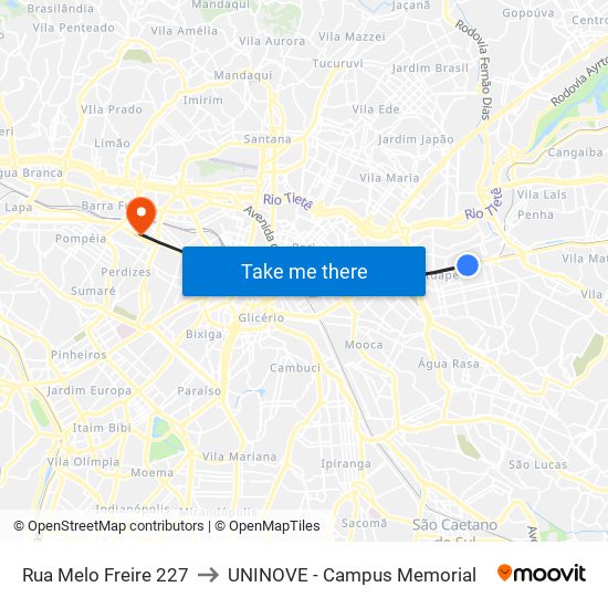 Rua Melo Freire 227 to UNINOVE - Campus Memorial map