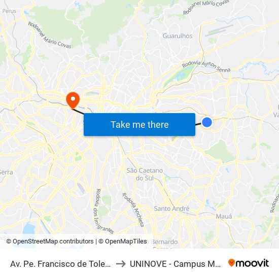 Av. Pe. Francisco de Toledo, 400 to UNINOVE - Campus Memorial map