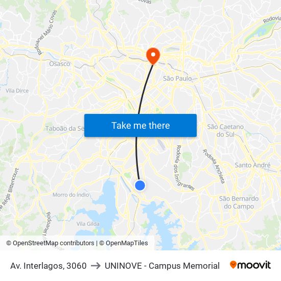 Av. Interlagos, 3060 to UNINOVE - Campus Memorial map