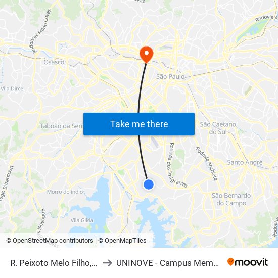 R. Peixoto Melo Filho, 34 to UNINOVE - Campus Memorial map