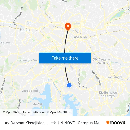 Av. Yervant Kissajikian, 1879 to UNINOVE - Campus Memorial map