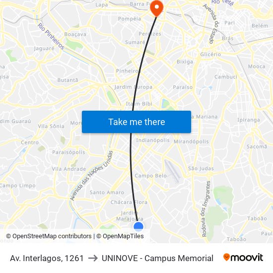 Av. Interlagos, 1261 to UNINOVE - Campus Memorial map