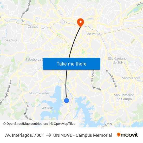 Av. Interlagos, 7001 to UNINOVE - Campus Memorial map