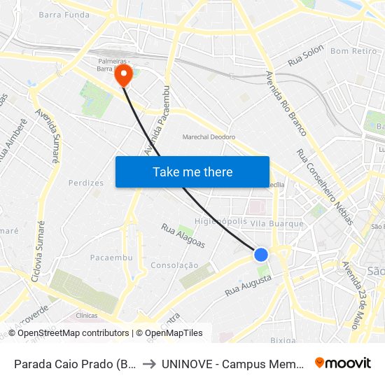 Parada Caio Prado (B/C) to UNINOVE - Campus Memorial map