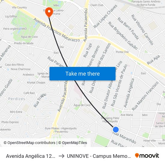 Avenida Angélica 1275 to UNINOVE - Campus Memorial map
