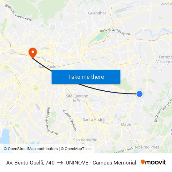 Av. Bento Guelfi, 740 to UNINOVE - Campus Memorial map