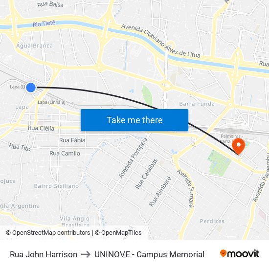 Rua John Harrison to UNINOVE - Campus Memorial map