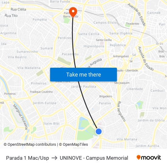 Parada 1 Mac/Usp to UNINOVE - Campus Memorial map