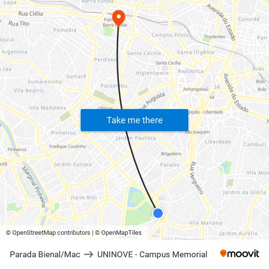 Parada Bienal/Mac to UNINOVE - Campus Memorial map