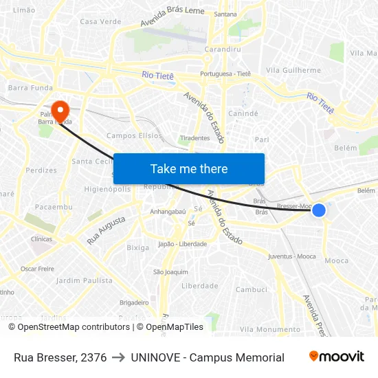 Rua Bresser, 2376 to UNINOVE - Campus Memorial map