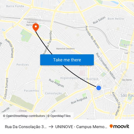 Rua Da Consolação 336 to UNINOVE - Campus Memorial map