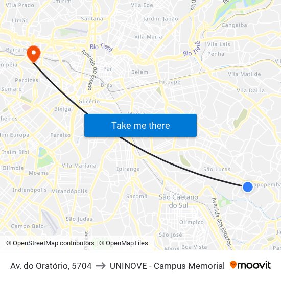 Av. do Oratório, 5704 to UNINOVE - Campus Memorial map