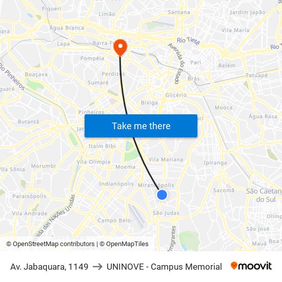 Av. Jabaquara, 1149 to UNINOVE - Campus Memorial map