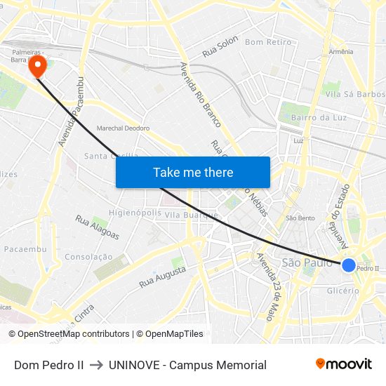 Pq. D. Pedro II to UNINOVE - Campus Memorial map