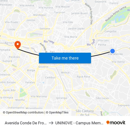 Avenida Conde De Frontin to UNINOVE - Campus Memorial map