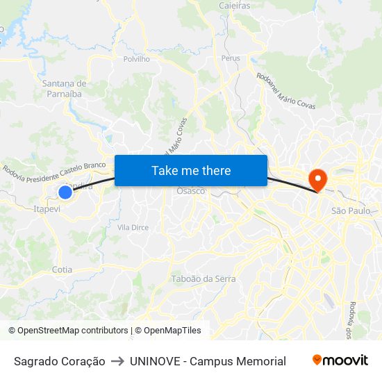 Sagrado Coração to UNINOVE - Campus Memorial map