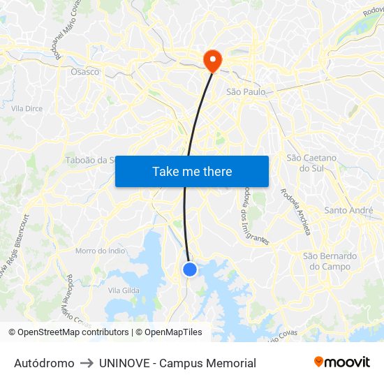 Autódromo to UNINOVE - Campus Memorial map
