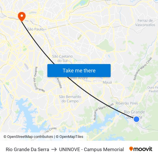 Rio Grande Da Serra to UNINOVE - Campus Memorial map