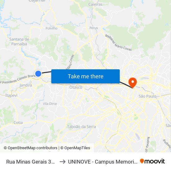 Rua Minas Gerais 320 to UNINOVE - Campus Memorial map
