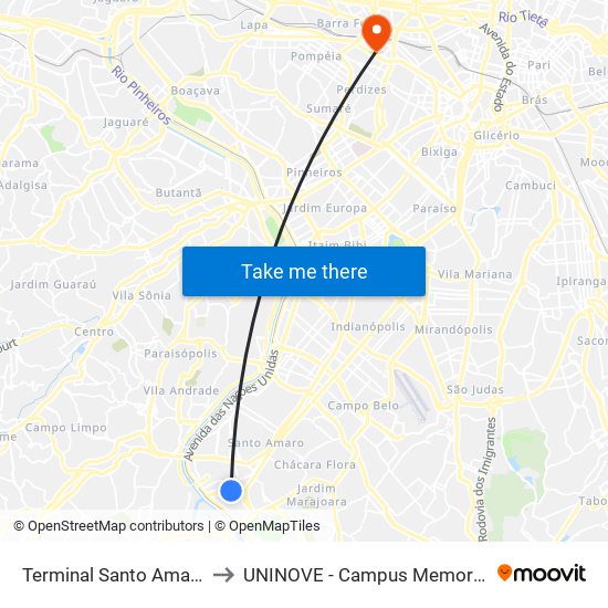 Terminal Santo Amaro to UNINOVE - Campus Memorial map