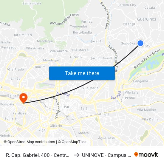 R. Cap. Gabriel, 400 - Centro, Guarulhos to UNINOVE - Campus Memorial map