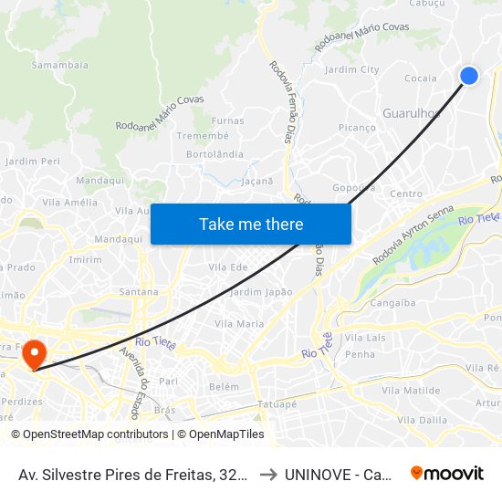 Av. Silvestre Pires de Freitas, 320 - Jardim Capri, Guarulhos to UNINOVE - Campus Memorial map