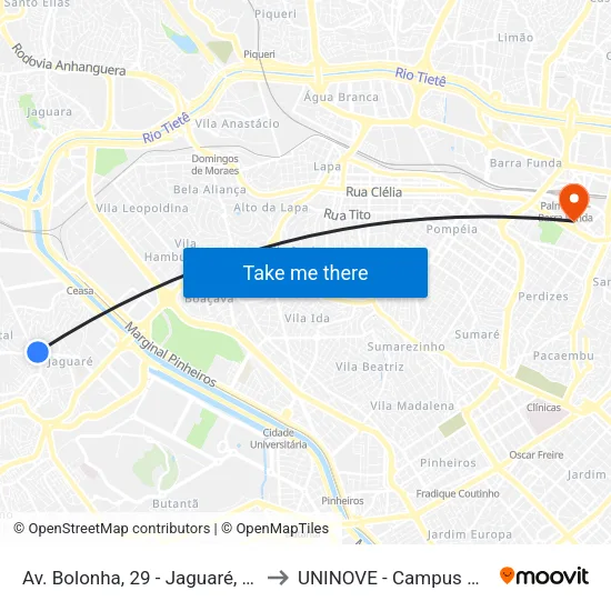 Av. Bolonha, 29 - Jaguaré, São Paulo to UNINOVE - Campus Memorial map