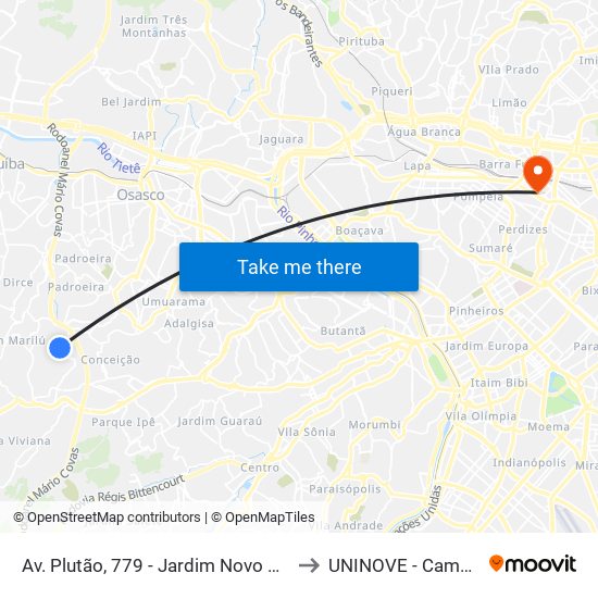 Av. Plutão, 779 - Jardim Novo Horizonte, Carapicuíba to UNINOVE - Campus Memorial map