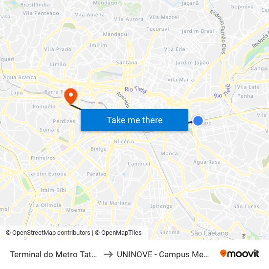 Terminal do Metro Tatuape to UNINOVE - Campus Memorial map