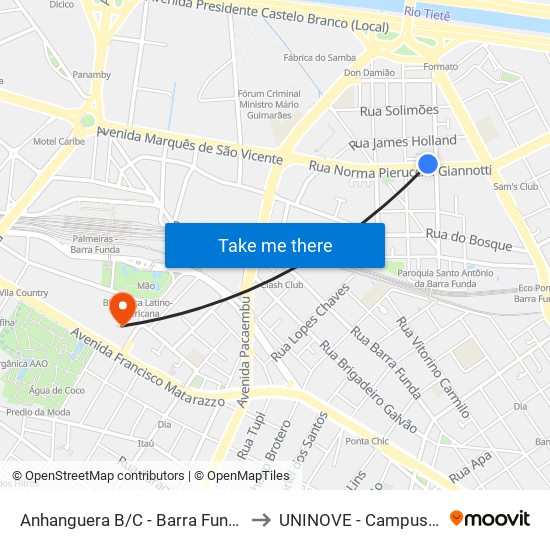 Anhanguera B/C - Barra Funda, São Paulo to UNINOVE - Campus Memorial map