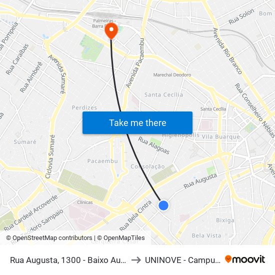 Rua Augusta, 1300 - Baixo Augusta, São Paulo to UNINOVE - Campus Memorial map