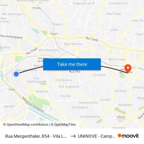 Rua Mergenthaler, 854 - Vila Leopoldina São Paulo to UNINOVE - Campus Memorial map
