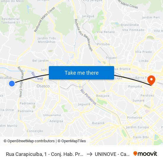 Rua Carapicuíba, 1 - Conj. Hab. Pres. Castelo Branco, Carapicuíba to UNINOVE - Campus Memorial map