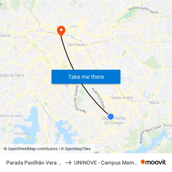 Parada Pavilhão Vera Cruz to UNINOVE - Campus Memorial map
