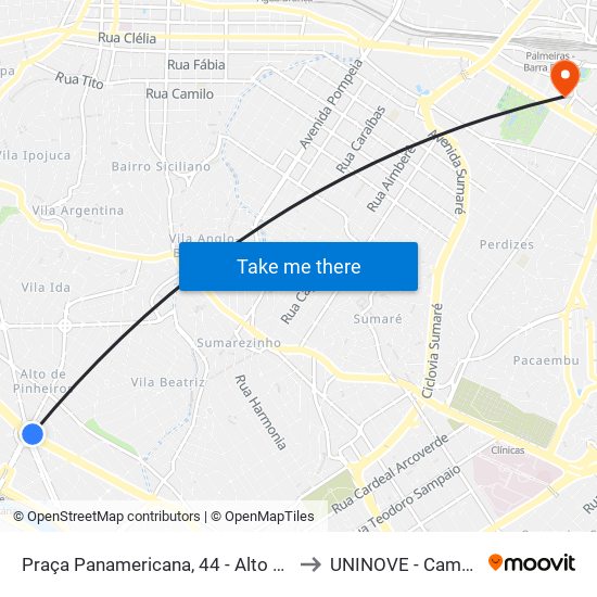 Praça Panamericana, 44 - Alto de Pinheiros, São Paulo to UNINOVE - Campus Memorial map