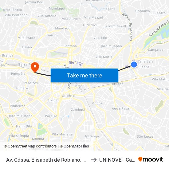 Av. Condessa Elisabeth de Robiano, 4800 - Penha de França, São Paulo to UNINOVE - Campus Memorial map