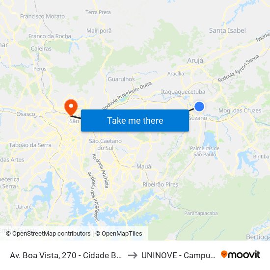 Av. Boa Vista, 270 - Cidade Boa Vista, Suzano to UNINOVE - Campus Memorial map